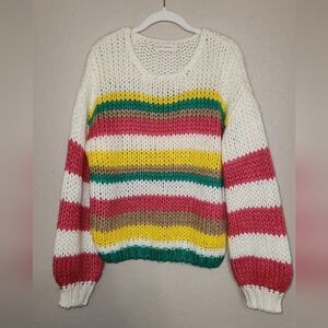 By Together Oversized Chunky Sz S Knit Sweater Striped Crewneck Balloon Sleeve